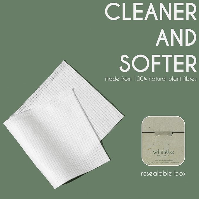 Whistle Wellness® Disposable Face Towel 10"×12", Resealable Box, Biobased Plant Based Ultra Soft, Thickness Face Towelettes XL, Makeup Remover Dry Wipes for Sensitive Skin, 50 Count (1 Pack)
