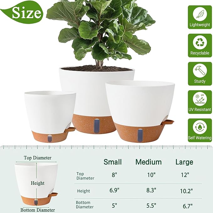 8/10/12 Inch Self Watering Pots for Indoor/Outdoor Plants - Large Plastic Planter with Drainage Holes, Water Level Indicator & Deep Reservoir, Modern Decorative Flower Pots (White)
