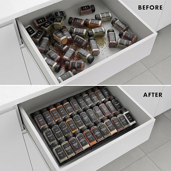 Spice Drawer Organizer - Expandable Spice Rack for Drawer, Black Seasoning Organizer for Drawer Spice Organizer, Spice Organization Seasoning rack insert for Cabinet (Jars Not Included)