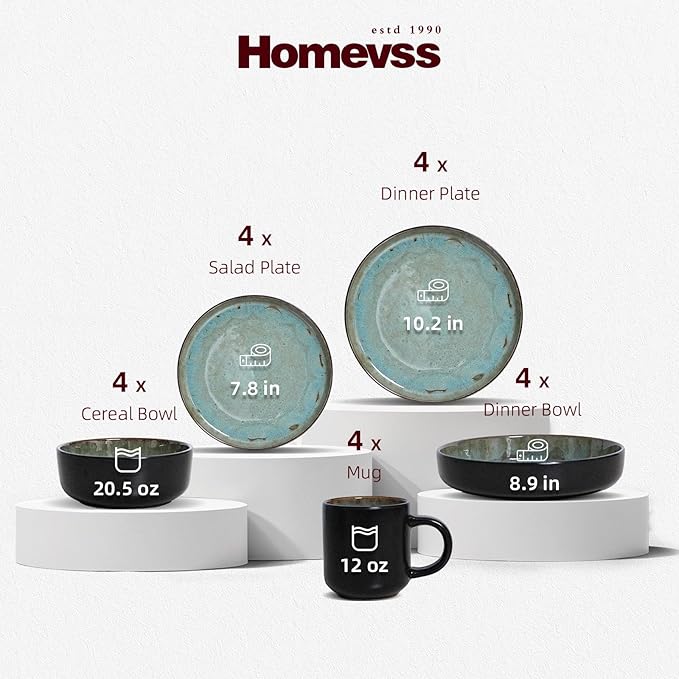 HomeVss 20-Piece Dinnerware Set - Serves 4, Reactive Glaze Bubble Green Plates & Bowls Set | Microwave & Dishwasher Safe Dishes Set
