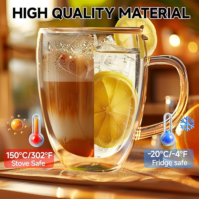 Set of 2 Double Walled Glass Coffee Mugs 16 Ounces Insulated Layer Coffee Cups with Handle Borosilicate Glass Espresso Cup for Hot Beverage,Cappuccino,Tea,Latte,Wine,Microwave Safe