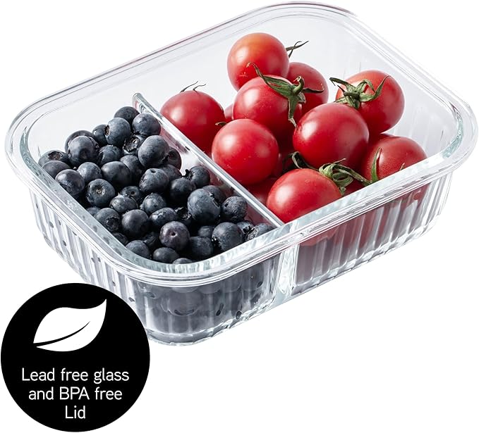 COOK WITH COLOR Premium 32-Pc. Borosilicate Glass Food Container Set with Dividers - 4 Rectangles, 8 Rounds, 4 Squares - Leakproof Lids - Meal Prep, Storage, Fluted Ombre Black