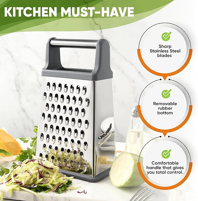 Spring Chef Professional Cheese Grater - Stainless Steel Box Grater for Kitchen, XL Size, 4 Sides - Perfect Shredder for Parmesan Cheese, Carrot, Potato, Ginger - Dishwasher Safe - Gray