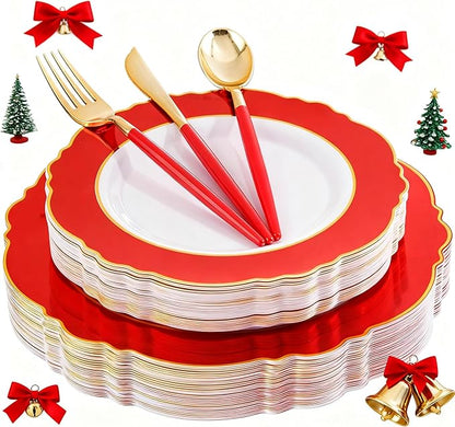 WDF 30Guest Red Christmas Plates - Gold Plastic Silverware With Red Handle - Christmas Plates Disposable- Baroque Plastic Dinnerware for Party