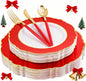 WDF 30Guest Red Christmas Plates - Gold Plastic Silverware With Red Handle - Christmas Plates Disposable- Baroque Plastic Dinnerware for Party