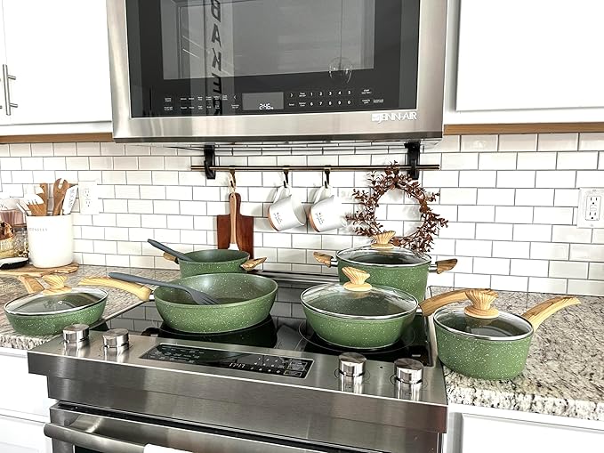 MAISON ARTS Pots and Pans Set Non Stick, 12 Piece Green Granite Kitchen Cookware Induction Compatible, Pot and Pan Sets for Cooking Nonstick