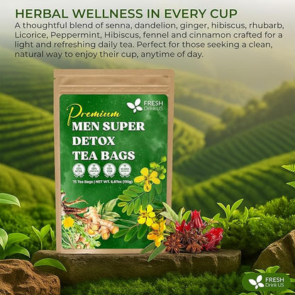 FreshDrinkUS, Premium 135 Tea Bags Men Super Detox Tea – Herbal Blend with Senna, Dandelion Root, Ginger, Peppermint & More – 100% Natural, Sugar-Free. Caffeine-Free. Gluten-Free. Vegan
