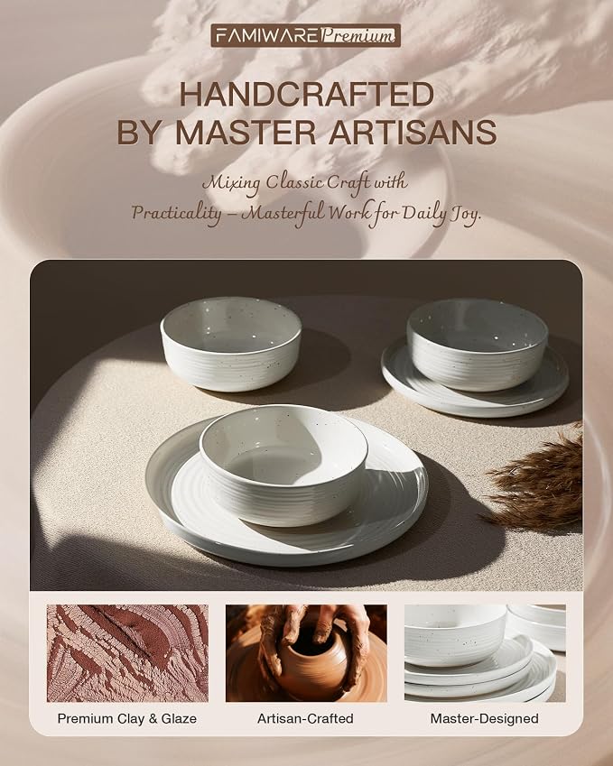 Stoneware Dinnerware Set for 8, Plates and Bowls, Chip & Scratch Resistant