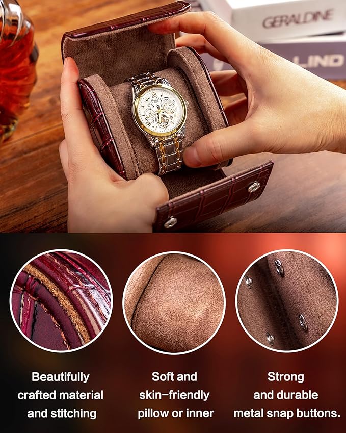 MR.OKAY Single Watch Travel Case- Classic Leather Watch Case with Superb Texture.(Portable Watches Roll Or Organizer for Storage and Display).Festival Gift for Men, All Handcrafted by Artisans.