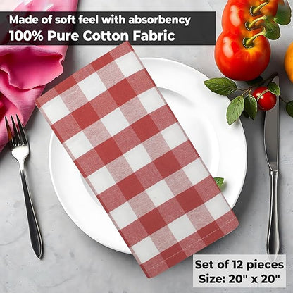 Urban Villa Cloth Napkins Rust Checks Dinner Napkins Set of 12 20X20 100% Cotton Absorbent Washable Durable Reusable Cloth Napkins Ideal for Farmhouse Party Thanksgiving Harvest Fall Dinner Napkins