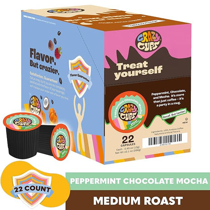 Crazy Cups Decaf Flavored Coffee Pods, Peppermint Chocolate Mocha, Decaffeinated Coffee for Keurig K Cups Machines, Hot or Iced Coffee, Decaf Coffee in Recyclable Pods, 22 Count (Pack of 1)