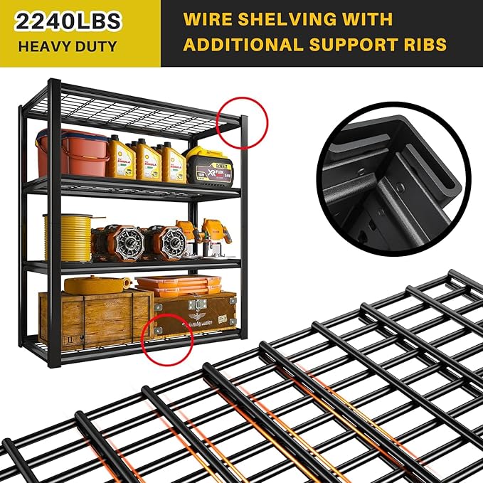 REIBII 40" W Garage Shelving 2240 LBS Storage Shelves Adjustable Metal Shelving Heavy Duty 4 Tier Metal Shelves for Garage Kitchen Pantry Warehouse Basement 40" W × 19.5" D × 59.5" H