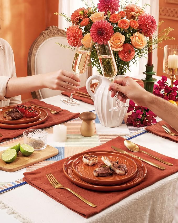Dinnerware Set for 8, Ceramic Plates and Bowls, Terracotta | 24 pcs Speckled