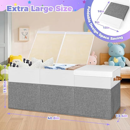 Extra Large Toy Storage Box with Lid, Collapsible Sturdy Toys Chest Storage Organizer Bin Basket with Divider for Kids, Boys, Girls, Closet, Playroom, Bedroom, Nursery, 40"X14"X16", Gray & White