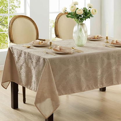 Newbridge Barcelona Luxury Damask Fabric Tablecloth, 60” Wide x 102” Rectangle, Golden Beige, 100% Polyester, No Iron, Soil Resistant Dining Room, Party and Banquet Table Cover