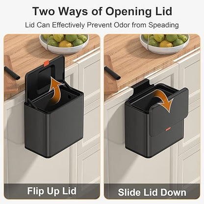 Mbillion Kitchen Compost Bin Hanging Trash Can with Lid 1.05 Gallon Stainless Steel Garbage Can for Kitchen Cabinet Door Mounted Trash Can Under Sink Door RV Bathroom,Brushed Black