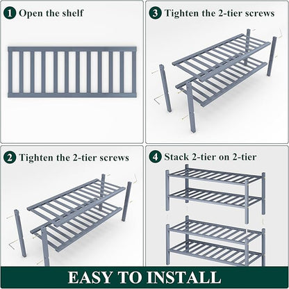Smiry Shoe Rack, 4 Tier Bamboo Shoe Organizer, Stackable Free Standing Wooden Shoe Storage Shelf for Closet, Entryway, Front Door Entrance, Grey