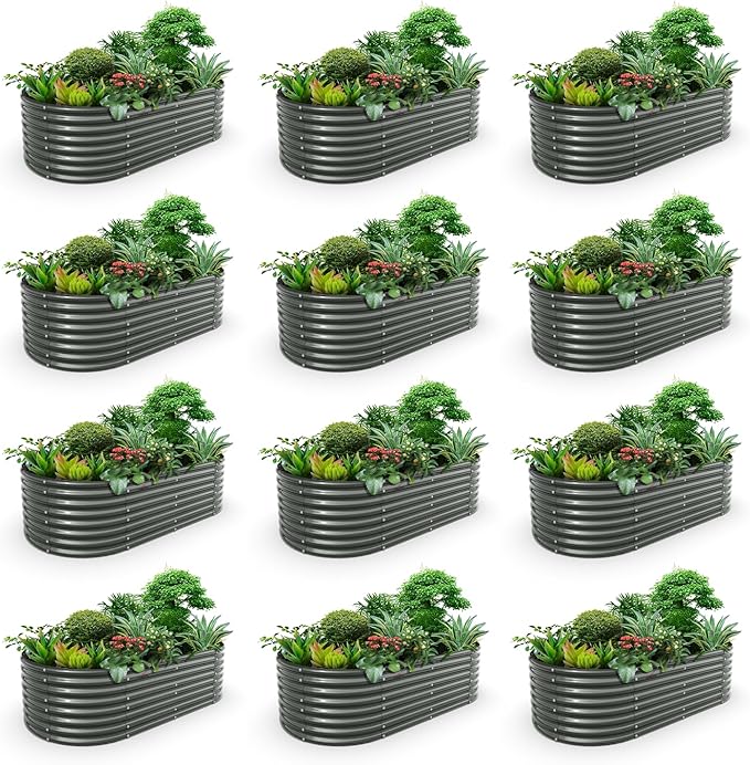 A ANLEOLIFE 12-Set 8X4X2 ft Galvanized Raised Garden Bed Kit, Oval Metal Deep