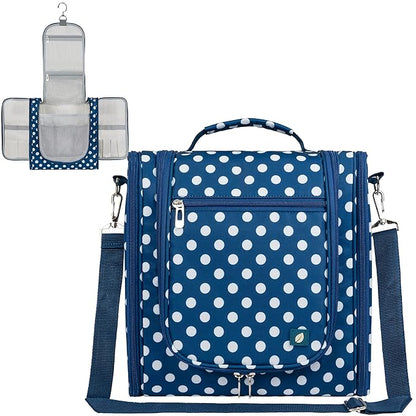 PAVILIA Extra Large Toiletry Bag Travel Bag for Women Men, Hanging Cosmetic Organizer, Water Resistant Makeup Bag for Accessories Toiletries, Travel Essentials Kit (Navy Polka Dot)