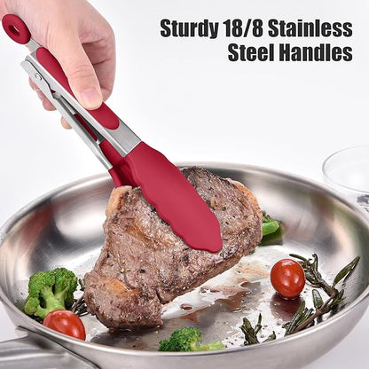 Doosu Kitchen Tongs for Cooking - 600°F Heat Resistant Food Tong with Non-Scratch Silicone Tips, Heavy Duty Stainless Steel Locking Tong for BBQ, Grilling Steak, Serving Salad, Pasta (7in, Red)