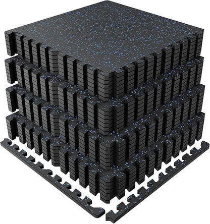 PRAISUN 0.6" Thicker Gym Mat, 24 Tiles 96 Sq Ft Workout Mats, Interlocking Foam Tiles with Rubber Top, High Density EVA Foam, Exercise Mat, Gym Flooring for Home Gym, Garage, 24 x 24in, Black/Blue