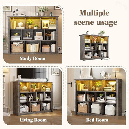 EnHomee 10 Cube Storage Organizer with LED Light and Charging Station Wood Cube Shelf Display Cabinet for Bedroom Living Room,Office,Black Oak