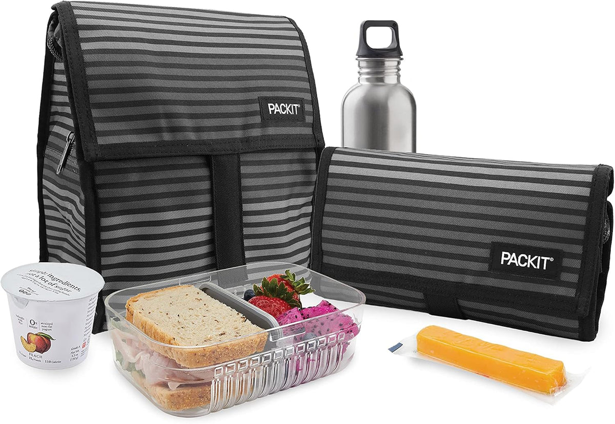 PackIt Freezable Lunch Bag, Gray Stripes, Built with EcoFreeze Technology, Foldable, Reusable, Zip and Fold Closure with Buckle Handle, Perfect for School and Office Lunches