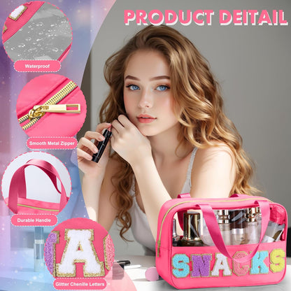 Snack Bag for Travel - Chenille Letter Clear Makeup Bag, Large Preppy Patch Snack Cosmetic Bag with Handle and Zipper, Cute Makeup Pouch Nylon&PVC Waterproof Toiletry Organizer Storage for Women Girls