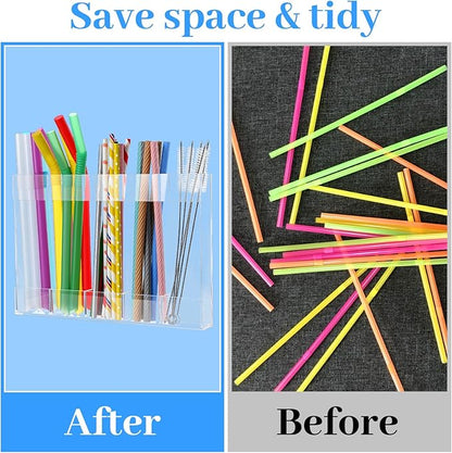 9.8" Large Acrylic Straw Holder for Cabinet Door with Ultra Sticky Double Sided Adhesive Tape, Reusable Straws Organizer, Transparent Storage Dispenser for Kitchen Counter Cupboard (2 Pcs)
