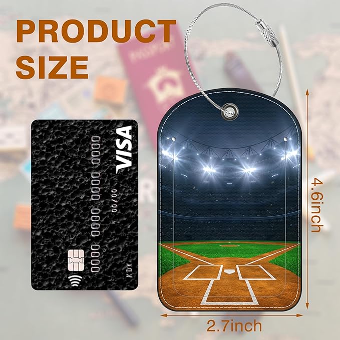 2 PCS Leather Luggage Tag for Suitcase Old Baseball and Glove on Baseball Grand Travel Suitcase Labels with Privacy Name ID Label and Stainless Steel Loop for Adults Teens Travel Bag Labels Set