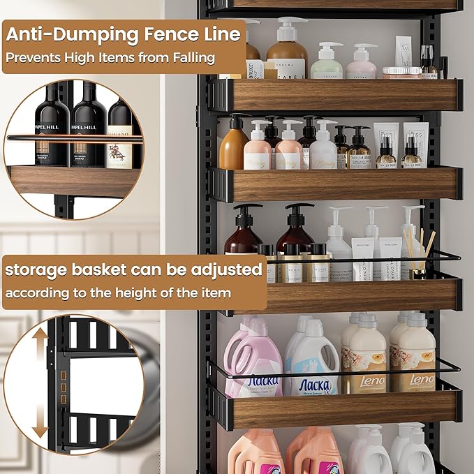8 Tier Over The Door Pantry Organizer, 2 IN 1 Wall Mount or Hanging Spice Rack Seasoning Shelves with Adjustable Basket, Back of Door Organizer and Storage for Kitchen Cabinet and Room Closet