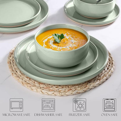 LIANYU Plates and Bowls Sets for 8, 24 Piece China Dinnerware Stoneware Set, Porcelain Dishware for Microwave, Dishwasher, Oven, High temperature Resistant, Fog Green