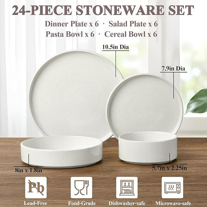 Herogo 24 Piece Dinnerware Sets with Pasta Bowls for 6, Dinner Salad Plates and Cereal Serving Bowls, Stoneware Dishes Dinner Ware for Kitchen Dining, Dishwasher & Microwave Safe, Speckled White