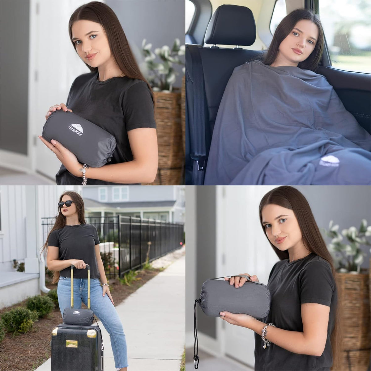 BlueHills Ultra Compact Travel Blanket 2 Pack Large Soft Cozy Portable Blanket Sheet with Carry Case and for Flight Airplane Car Layover Camping Hotel Grey C202-2PK-Gray
