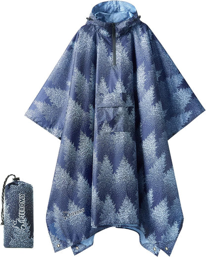 PTEROMY Hooded Rain Poncho for Adult with Pocket, Waterproof Lightweight Unisex Raincoat for Hiking Camping Emergency