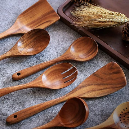 Wooden Non-Stick Kitchen Pan Toolset 7 Pieces Set,100% Natural Teak Kitchen Utensils Spatula, Wooden Cooking Utensils Spoons, Fried Spatula and Salad Fork