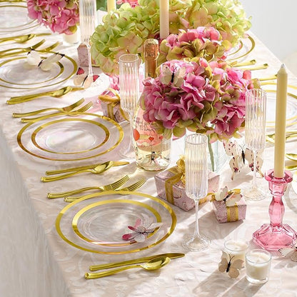 By Madee HEAVYWEIGHT Clear Plastic Plates With Gold Trim | Nice Disposable Plates and Cutlery Set | Includes Gift of Dazzling 3D butterflies for table Decor | 150mPcs for 25 Guests