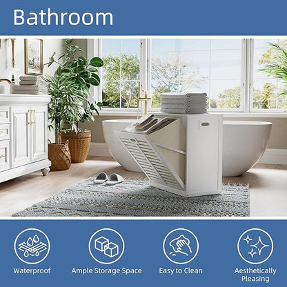 HITNET Tilt Out Laundry Hamper Cabinet, Bathroom Laundry Cabinet with 16 Gallon Clothes Basket, Space Saving Freestanding Bamboo Storage Organizer for Towels and Toys, White