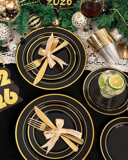 bUCLA 600PCS Black and Gold Disposable Dinnerware Set - Black Plastic Plates Disposable for Party Include 100 Dinner&100 Dessert Plates,100 Knives,100 Forks,100 Spoons,100 Cups for Party & New Year