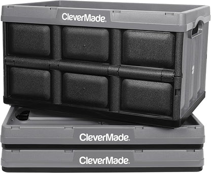 CleverMade Collapsible Storage Bins - Stone 3 Pack 46L - Stackable Containers Heavy Duty Capacity Folding Crates - Space-Saving for Home