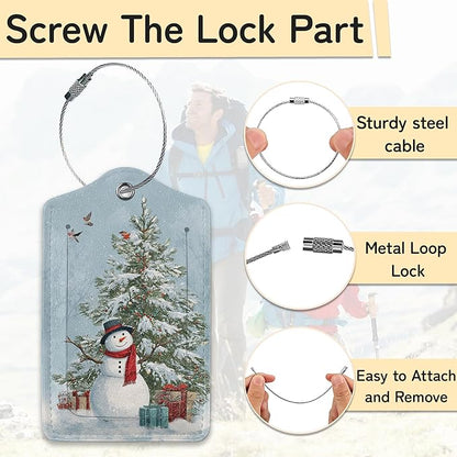 Merry Christmas 3 Pack PU Leahter Luggage Tag with Stainless Steel Loop,Christmas Tree Travel Suitcase Labels with Privacy Cover ID Label Quickly Spot for Bags