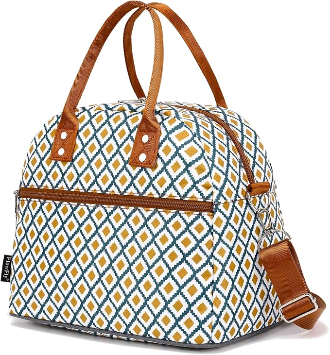 FlowFly Insulated Lunch Bag With Shoulder Strap for Women, Men, and Kids, Large and Reusable, Handle, Freezable Work and School Travel Tote and Meal Prep Organizer,Square
