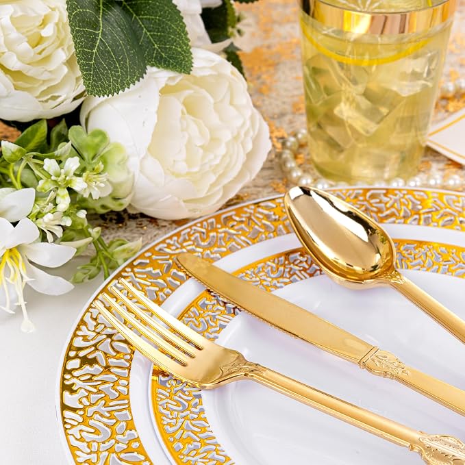 bUCLA 350PCS Gold Plastic Plates Disposable