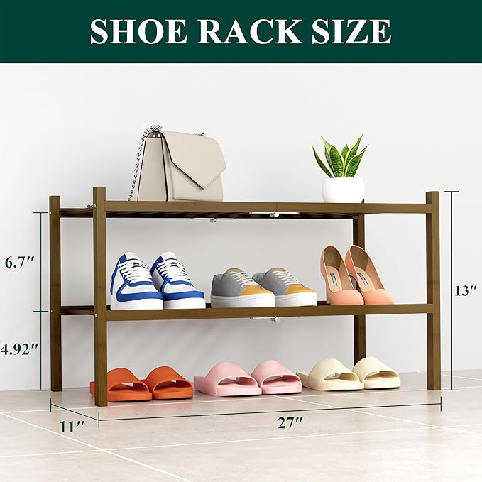 Smiry Shoe Rack, 2 Tier Thick Bamboo Shoe Organizer, Stackable Free Standing Wooden Shoe Storage Shelf for Closet, Entryway, Front Door Entrance, Walnut