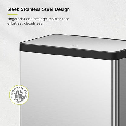 EKO EcoCasa II Rectangular Kitchen Step Trash Can, 20L+20L Dual Compartment Recycling Bins, Stainless Steel Lid and Pedal, Odor-Proof, Fingerprint Resistant