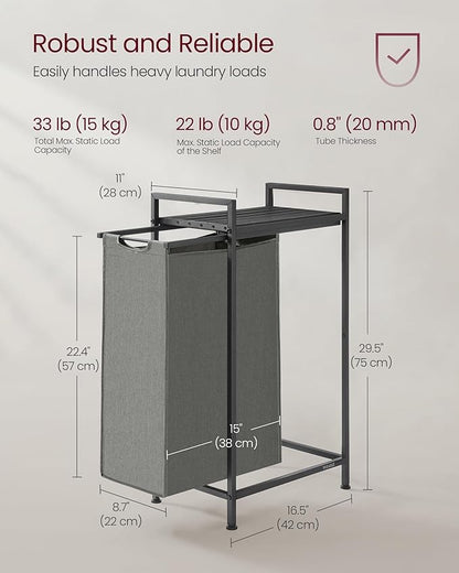 VASAGLE Laundry Hamper, Laundry Basket, Laundry Sorter with a Pull-Out and Removable Bag, Shelf, Metal Frame, 12.4 Gallons (47 L), 16.5 x 11 x 29.5 Inches, Slate Gray and Charcoal Gray UBLH001G01