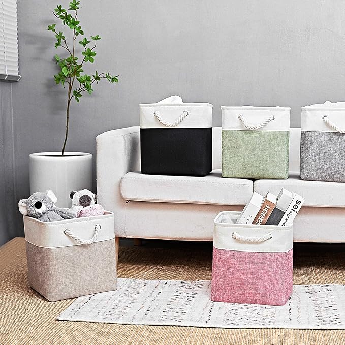 Cube Storage Bins, Collapsible Fabric Storage Cubes Bins, 11 Inch Cube Storage Bins with Handles, Foldable Storage Cubes (White/Beige, 6Pack)