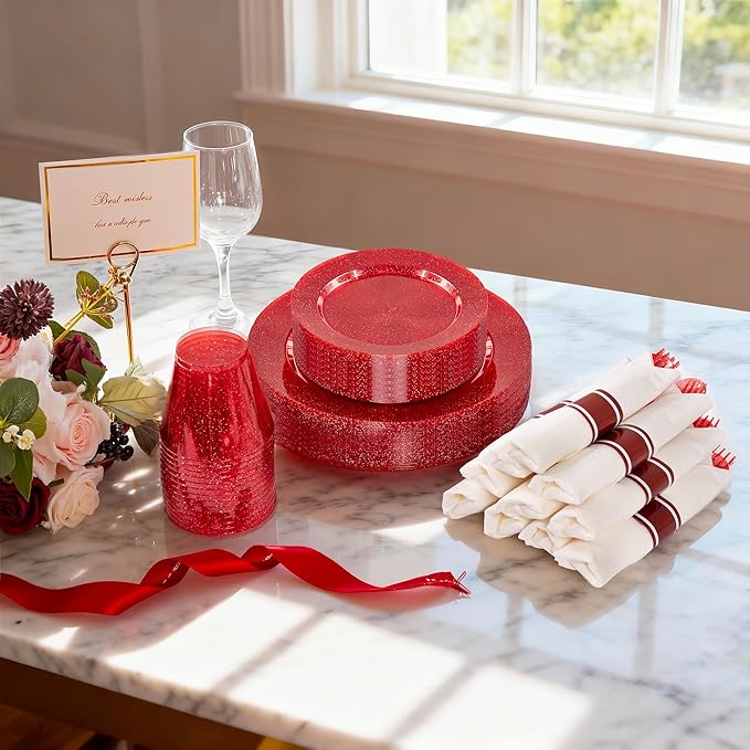 DaYammi 350 Pieces Red Glitter Dinnerware Set 50 Guest for Christmas Party- 50 Dinner Plates, 50 Dessert Plates -50 Per Rolled Napkins with Red Cutlery - 50 Disposable Cups 9 OZ