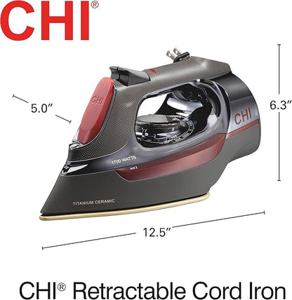 CHI Steam Iron for Clothes with 8’ Retractable Cord, 1700 Watts, 3-Way Auto Shutoff, 400+ Holes, Professional Grade, Temperature Control Dial, Titanium Infused Ceramic Soleplate, Black/Chrome (13109)