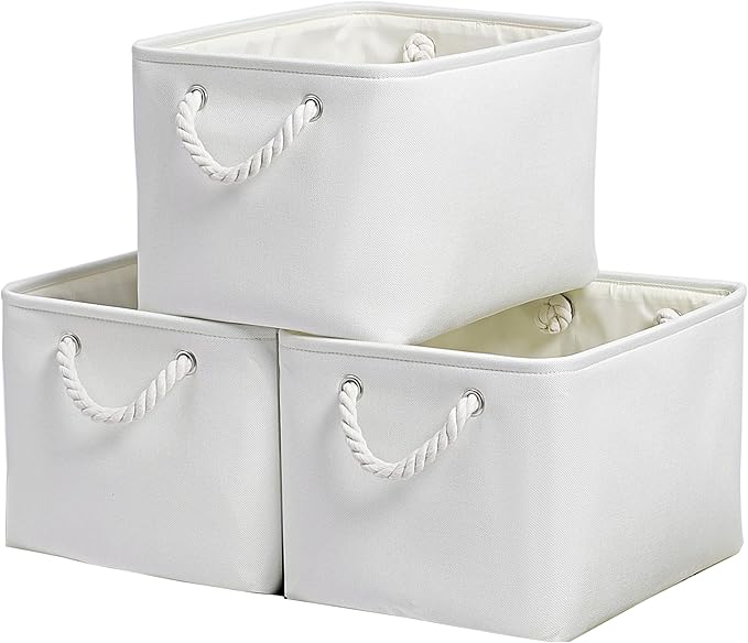 15x11x9.5 Inch Storage Baskets for Shelves,3 Pack Storage Bins，Foldable Organizer Boxes, Decorative Storage Basket for Organizing Clothes, Toys, Books, Foldable Cloth Baskets (White)